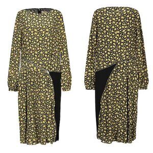 BURBERRY 100% Silk Floral Midi Dress Black Contrast Panel NWT Size 2